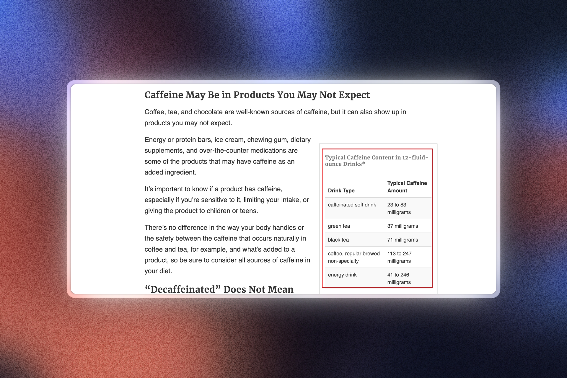 caffeine in food